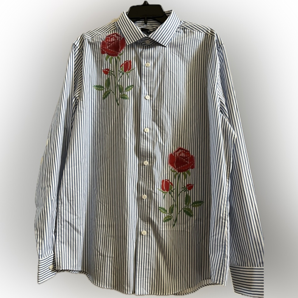 Murano Blue and White Casual Button Down Shirt with Floral Print